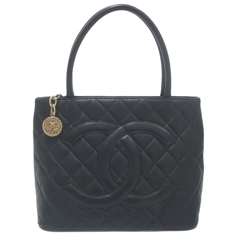 Chanel Tote Bag Caviar Skin Black Gold Metal Fittings